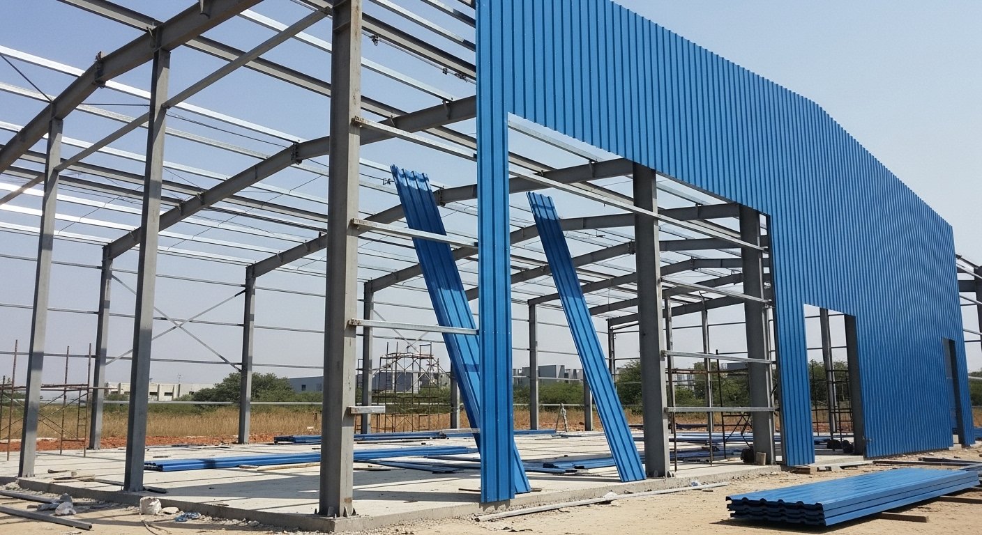 Pre-engineered buildings PEB warehouse fabrication India — IS 800 compliant clear span to 90m