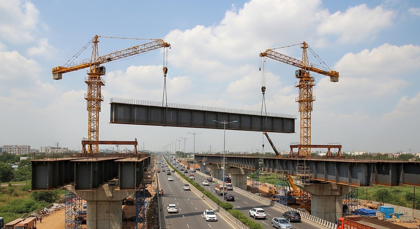 Road over bridge plate girder fabrication India — ROB steel superstructure workshop assembly Sun Corporation