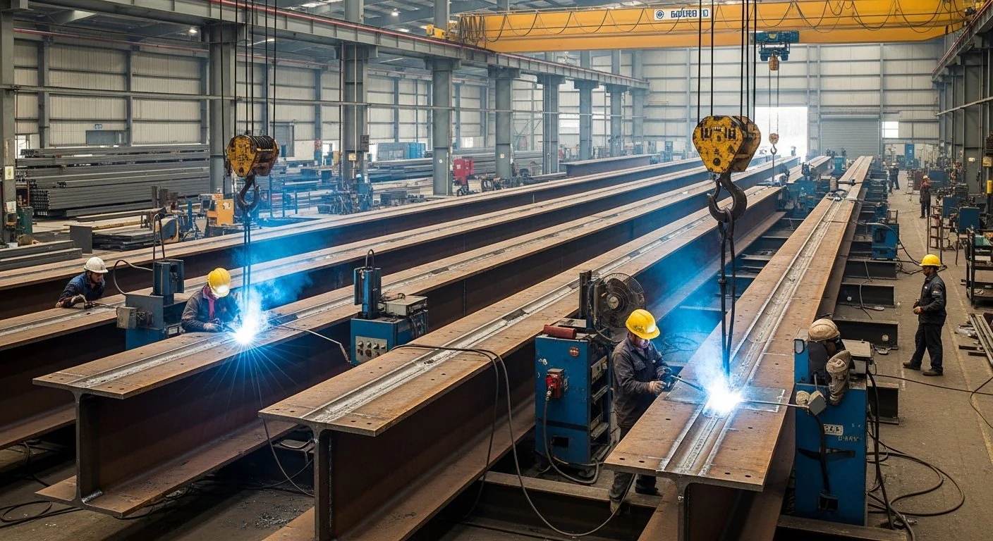 Built-up beam fabrication using welded structural steel plates