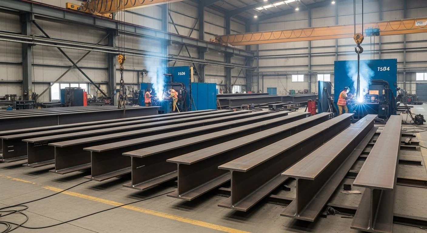 Built-up beam fabrication welding and assembly in a structural steel workshop