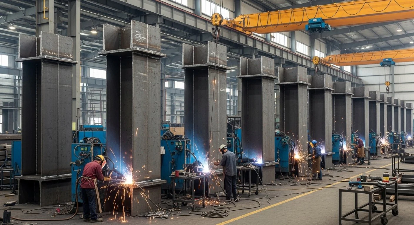 Built-up column fabrication for industrial plant and warehouse structures