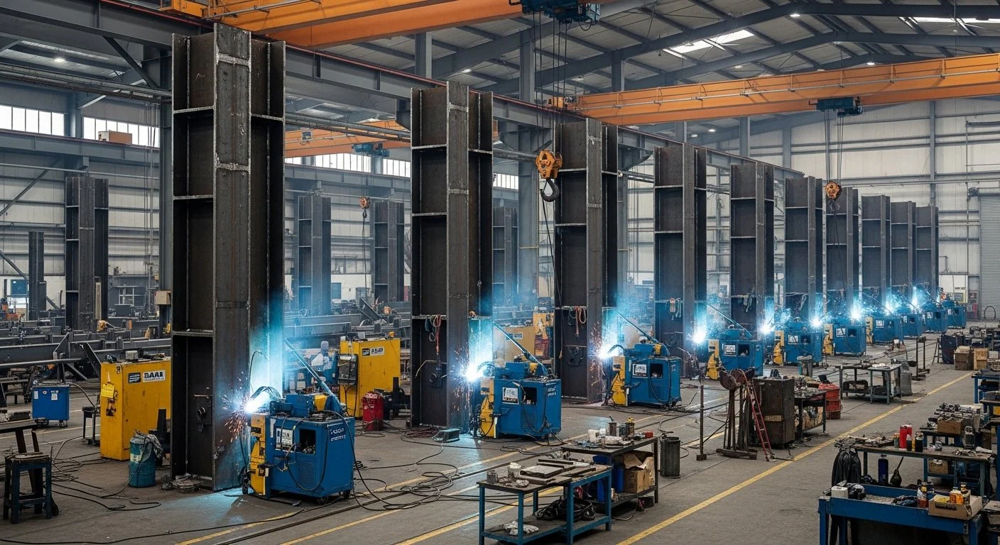 Built-up column fabrication in a heavy structural steel workshop