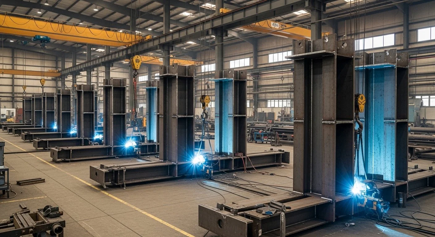 Built-up column fabrication assembly area in a Hyderabad steel workshop