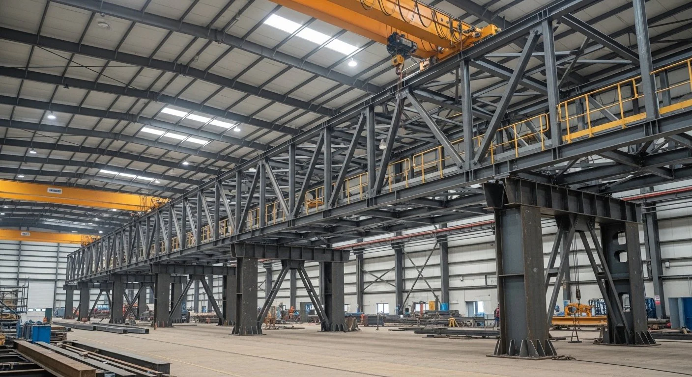 Conveyor gallery structures fabrication with truss assembly and steel erection prep