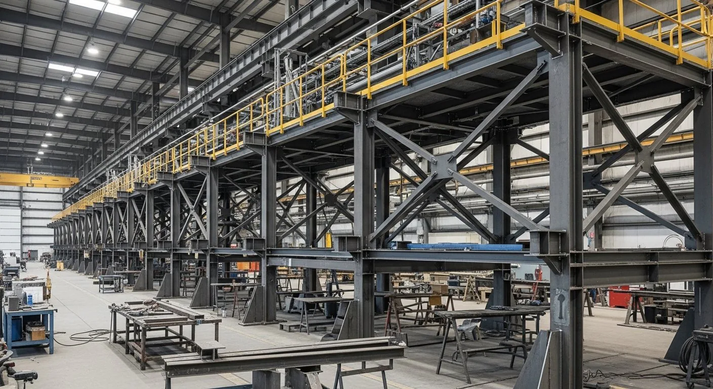 Pipe rack fabrication with steel column and beam assembly in workshop