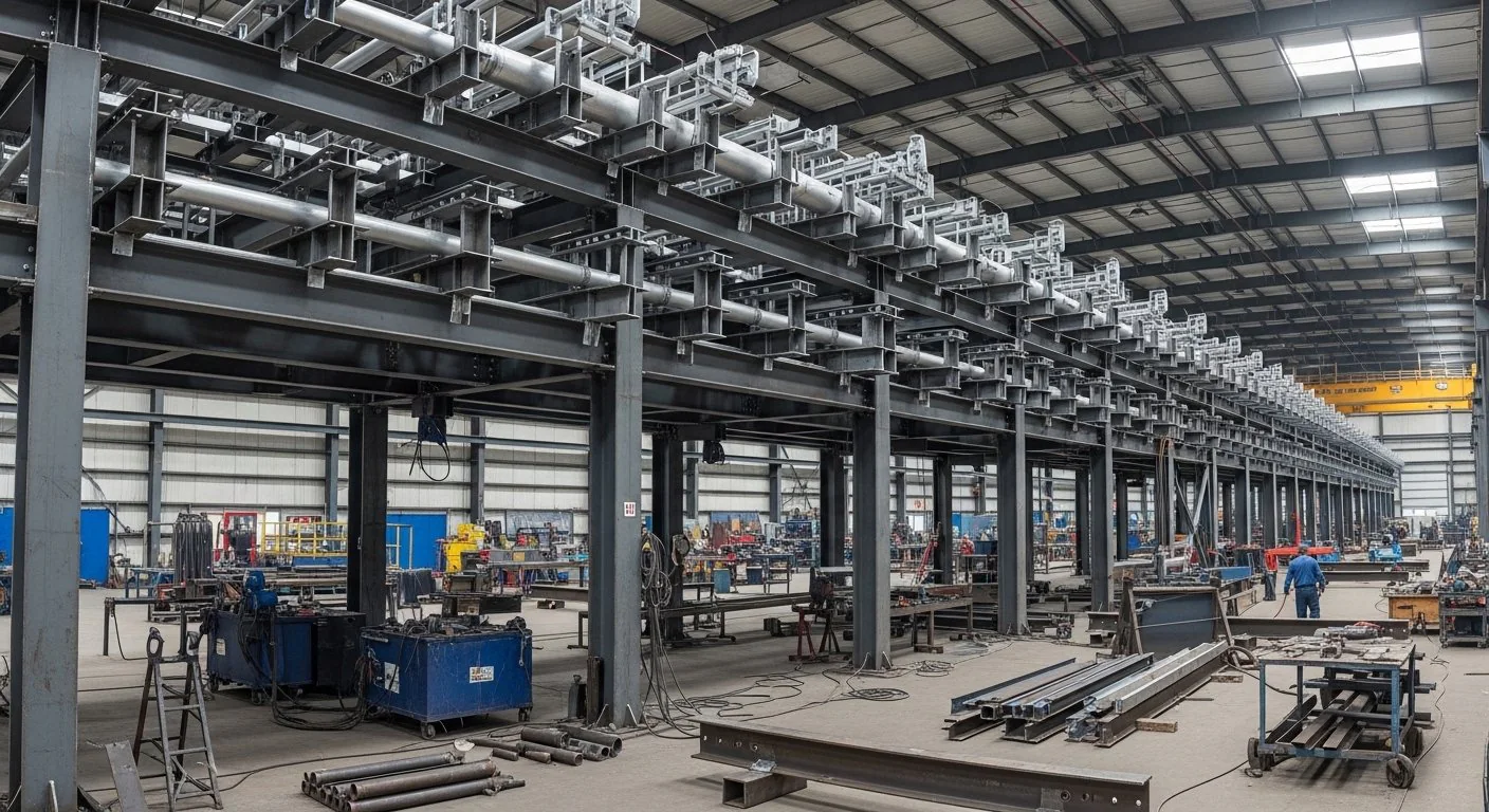 Pipe rack fabrication structure under production in a structural steel workshop