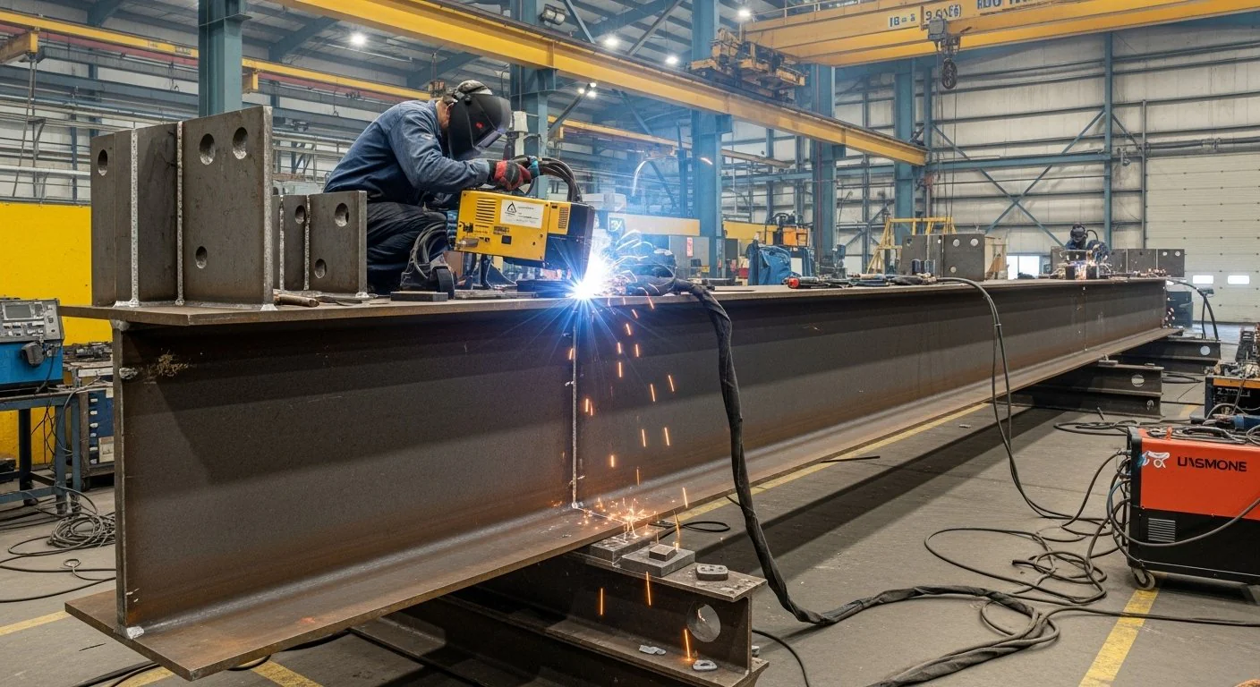 Plate girder fabrication welding of web and flange plates with stiffeners