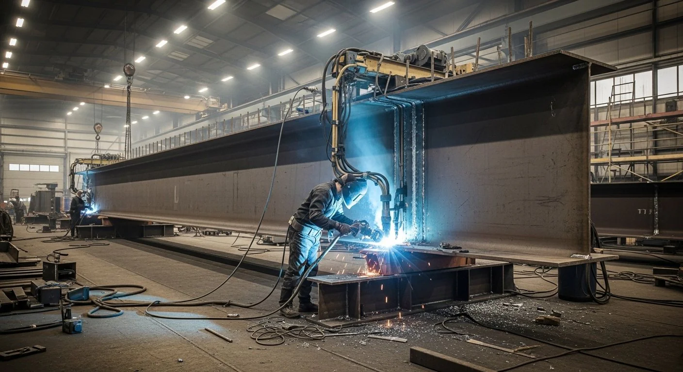 Plate girder fabrication using welded steel web and flange plates