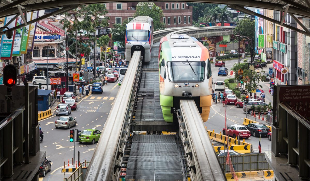 Kuala Lumpur, Malaysia - November 14, 2015: Monorail cars transit through the Bukit Bintang station in the heart of Kuala Lumpur, Malaysia capital city.